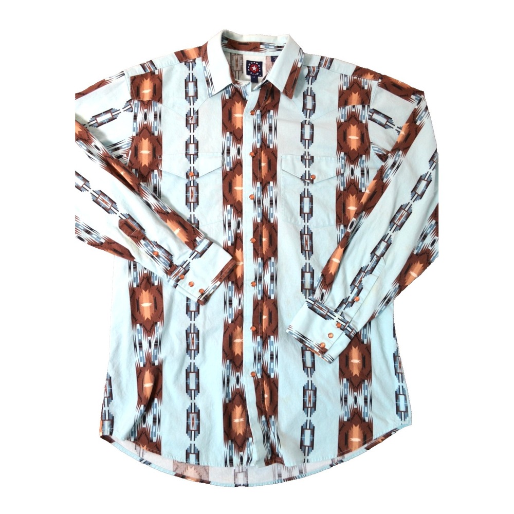 Vintage Panhandle Slim Pearl Snap Shirt Mens LT  Blue Aztec Print Cowboy Horse